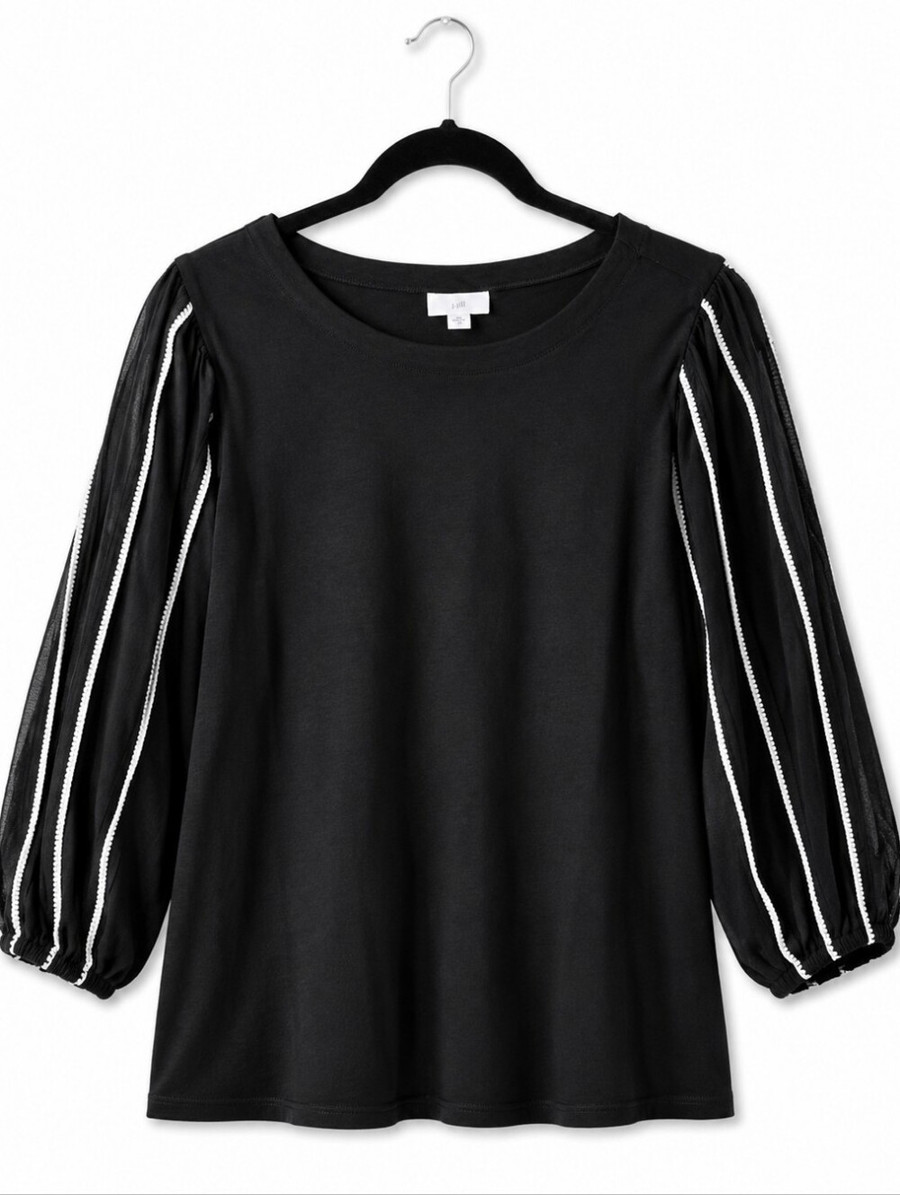J. Jill Black Tencel Modal Top Puff Sleeve Embroidered Trim Boho Medium